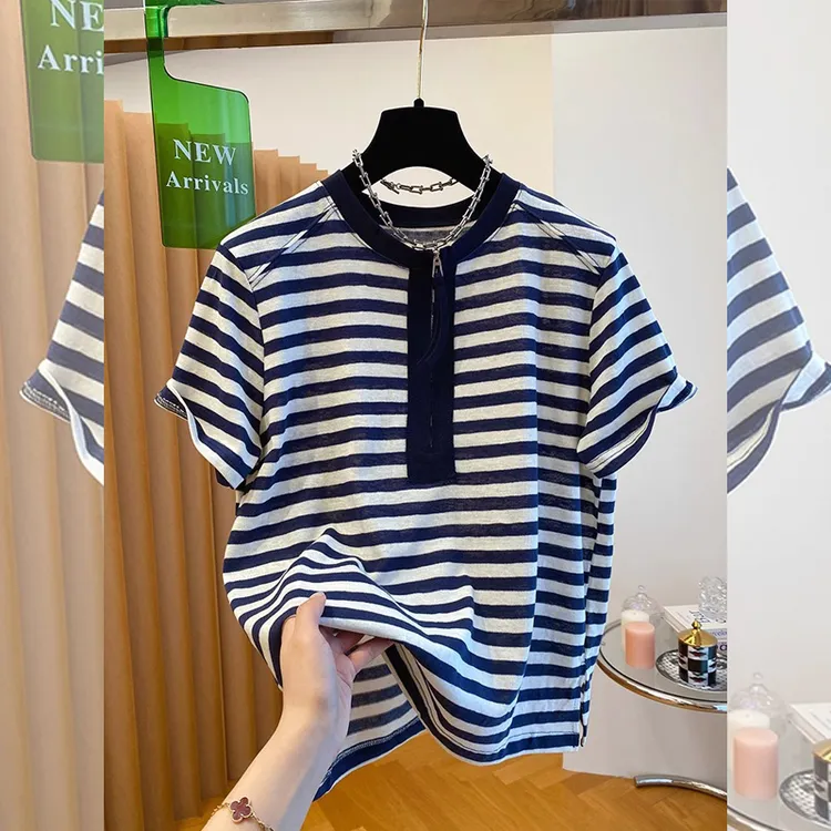 夏季新款韩版时尚半拉链短袖t恤女时尚洋气百搭套头减龄大码上衣