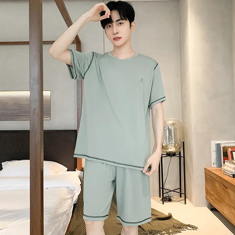 夏季冰丝感莫代尔男士睡衣短袖简约圆领大码凉感可外穿家居服套装