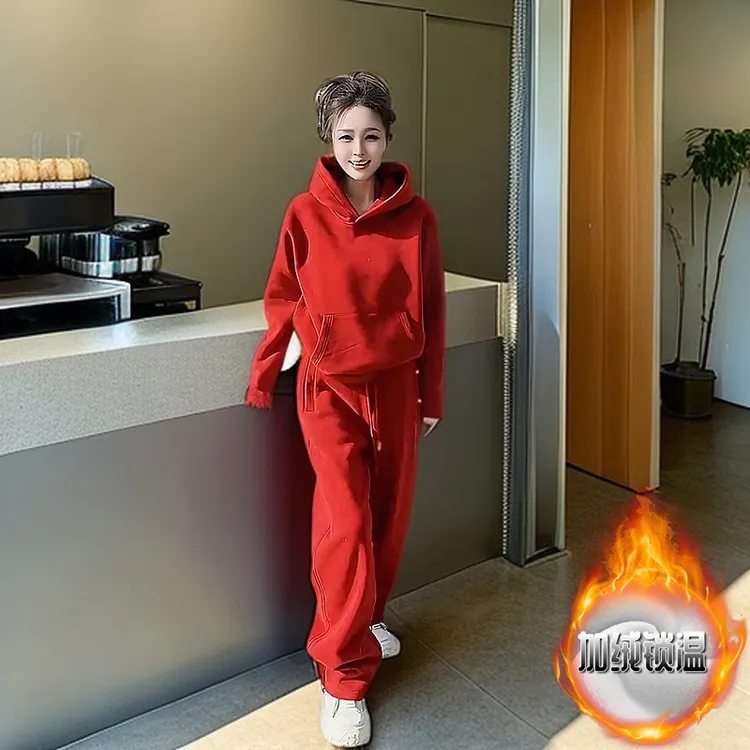 冬季新款休闲女装简约安可拉红色连帽长袖卫衣高腰直筒裤加绒套装