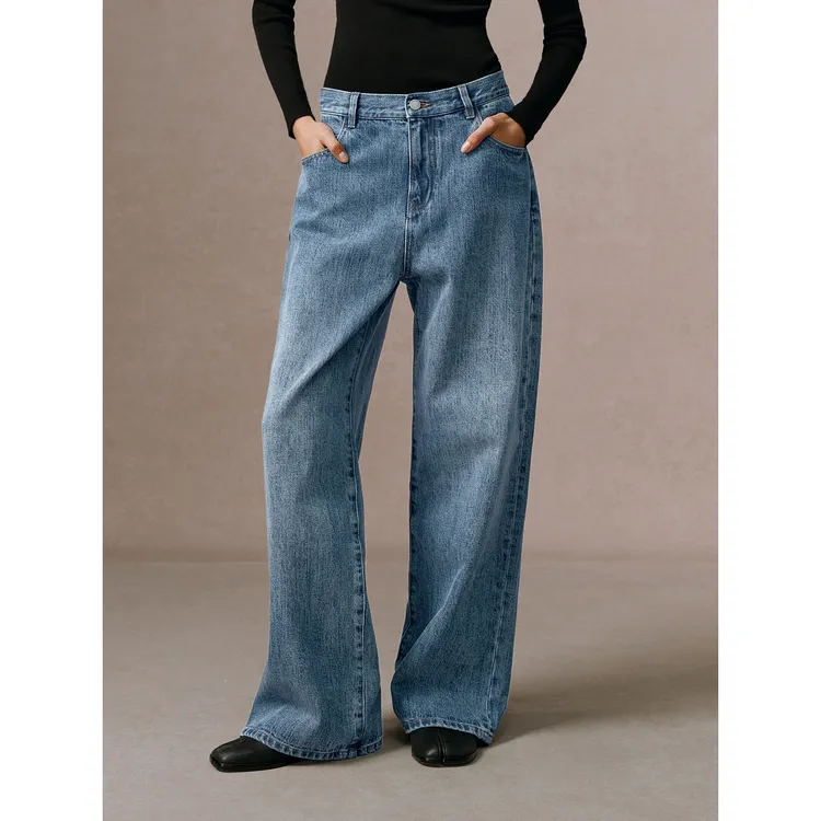 华吉言/HUAJIYAN【蓝调牛仔】进口丹宁面料酵素水洗猫须牛仔长裤