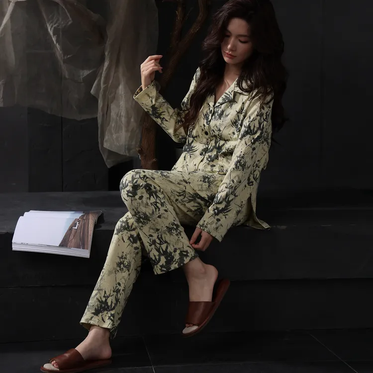 睡衣女士春秋款纯棉长袖开衫翻领家居服秋季奢华高级感可外穿套装