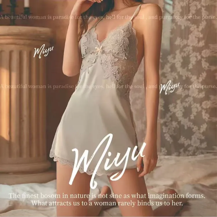 秋季缎面胸垫吊带睡裙女性感深v系带睡袍家居服套装蕾丝轻奢时尚