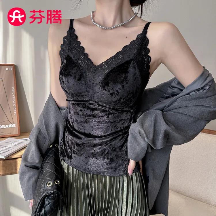 芬腾金丝绒保暖背心女2025新款秋冬季内搭一体带胸垫打底美背上衣