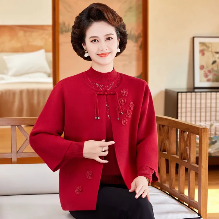 时尚新中式妈妈秋冬新款显瘦毛衣两件套喜婆婆洋气针织毛衫外套