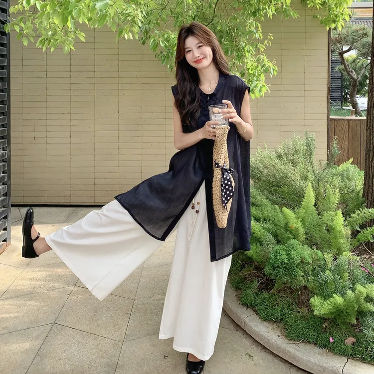今年流行爆款洋气减龄显瘦遮肉设计感国风新中式衬衫阔腿裤套装夏