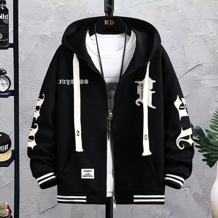 春秋季新款休闲外套开衫印花连帽夹克衫男款青少年运动棒球服上衣