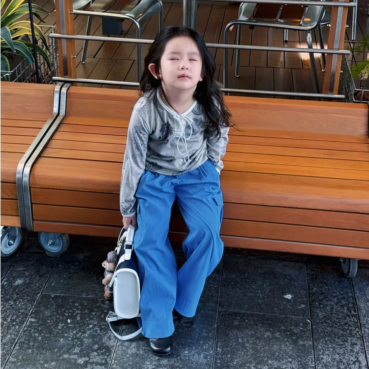 壹妈韩版童装女童秋季套装洋气儿童灰色长袖t恤印花上衣蓝色长裤