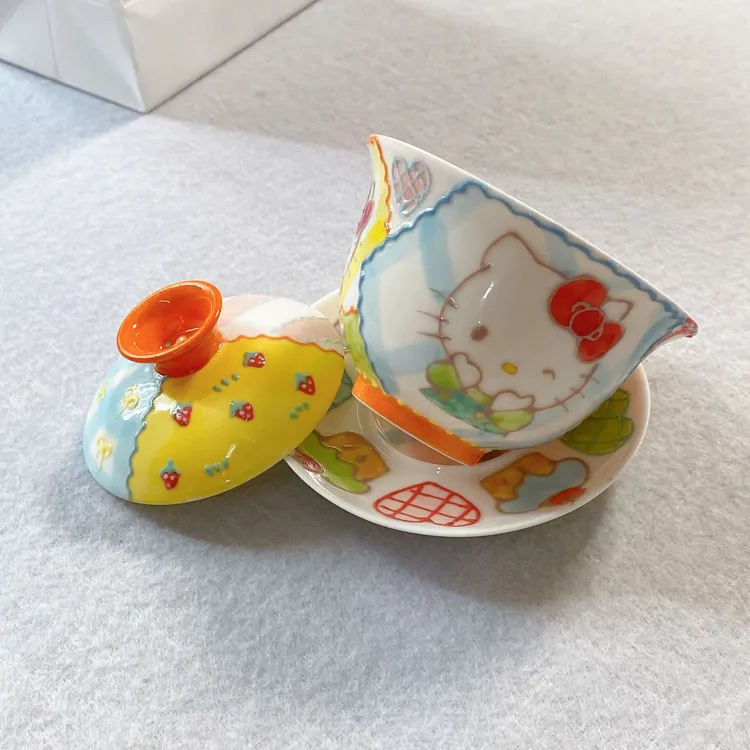 玉泥三才盖碗高温手绘釉下彩可爱精致适合送礼茶具家用泡茶马卡龙