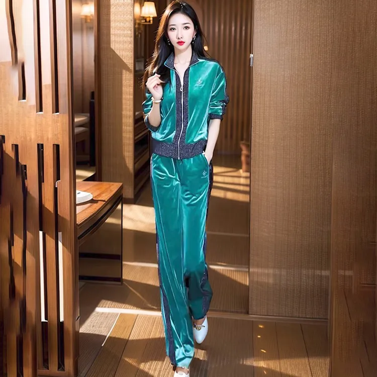 高级感金丝绒休闲运动套装女春季显瘦撞色拉链卫衣阔腿裤两件套装
