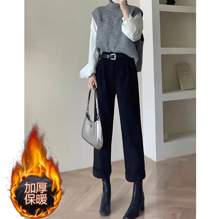 高腰黑色毛呢烟管裤女秋冬季2024新款宽松显瘦哈伦裤小个子西装裤