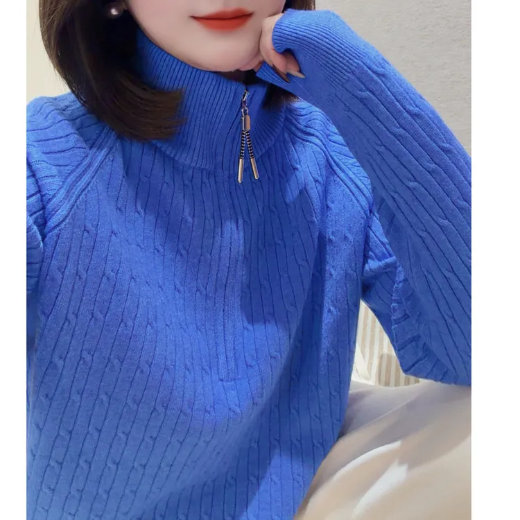 秋冬加厚保暖半高领拉链麻花毛衣套头针织百搭内搭外穿打底女装