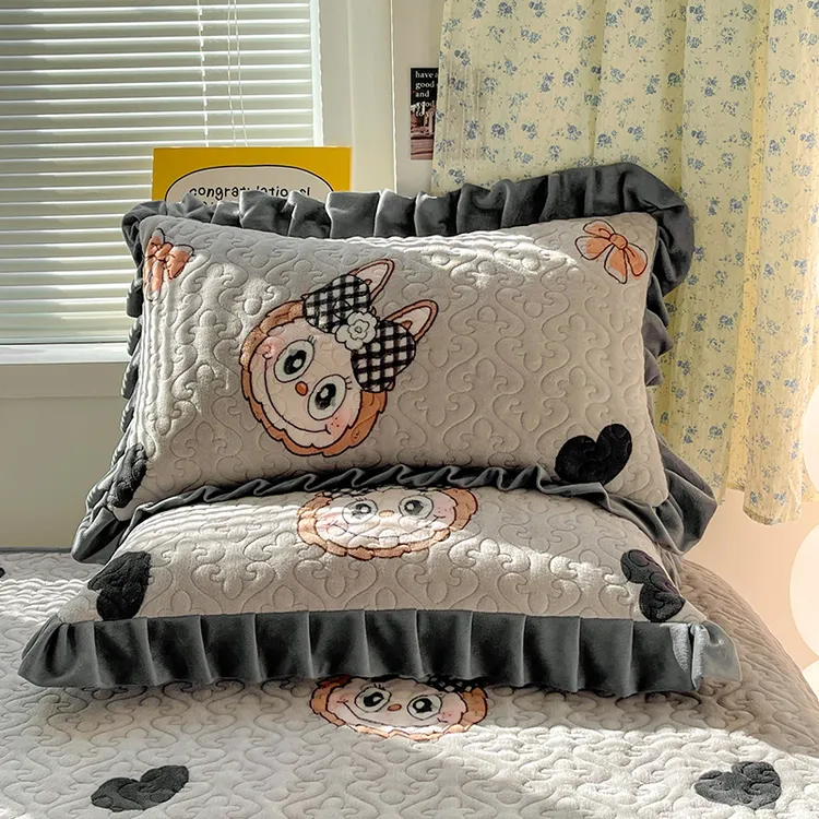 加厚牛奶绒夹棉枕套一对装花边枕头套保暖枕芯套单人单只枕皮加绒