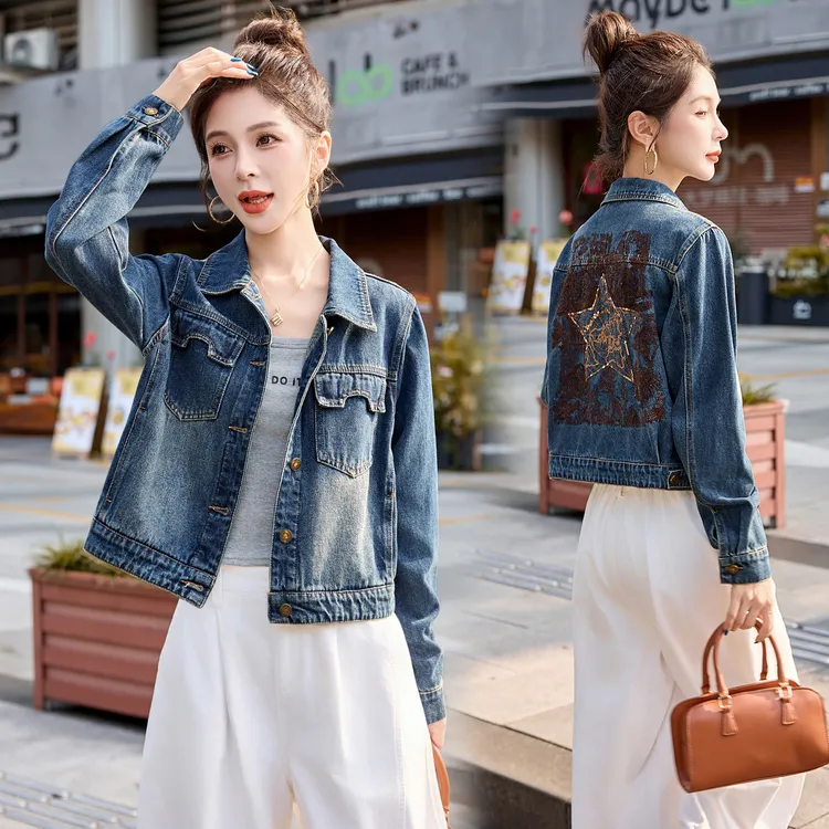 2025秋季新款女休闲牛仔外套后背刺绣翻领牛仔上衣春秋短款百搭