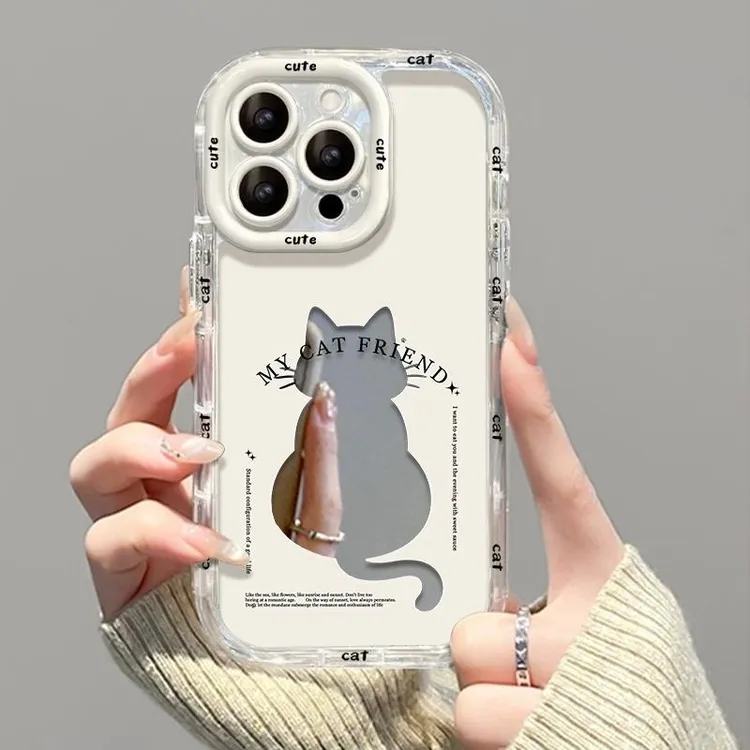 创意镂空猫咪适用苹果15pro华为镜面奶油手机壳高颜值2024新款14