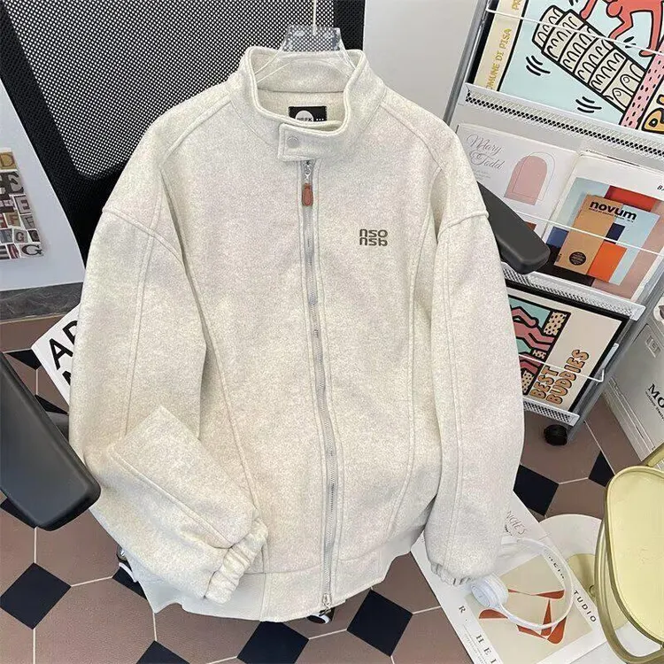 秋冬美式毛呢外套男重磅潮牌字母刺绣上衣解构立领棒球服夹克卫衣