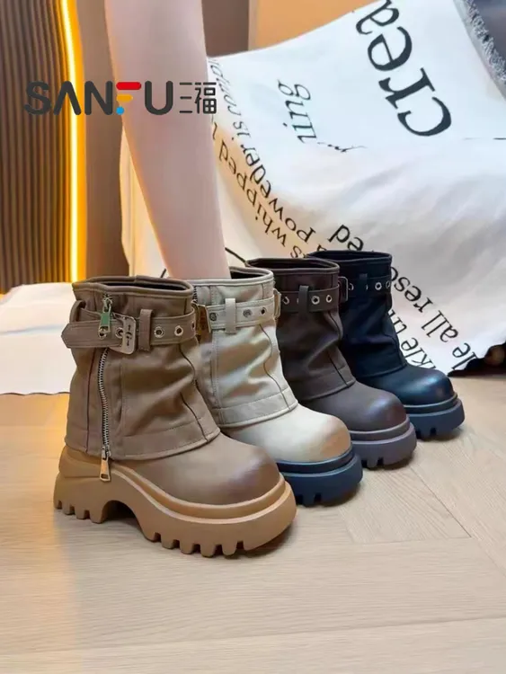 法式显瘦厚底马丁靴女2024新款粗跟复古爆款西部长筒英伦风裤管靴