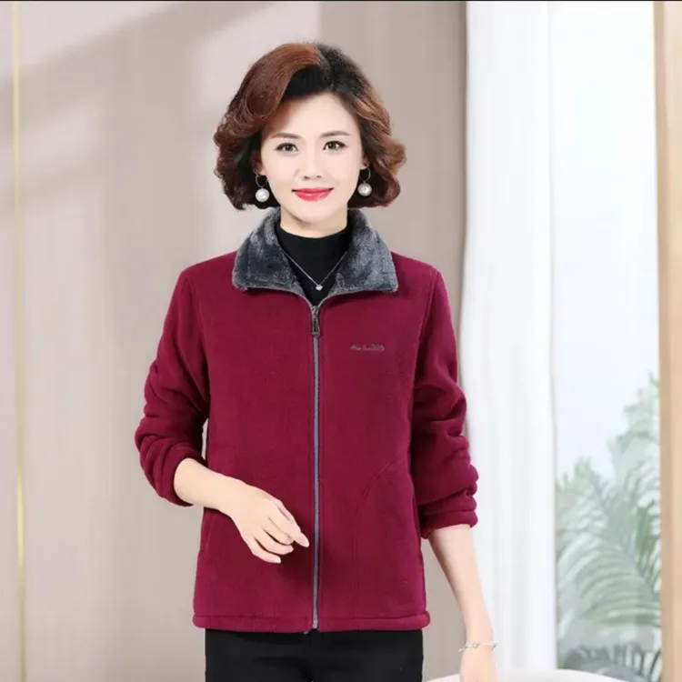 中年妈妈装秋冬摇粒绒加绒加厚卫衣御寒保暖外套