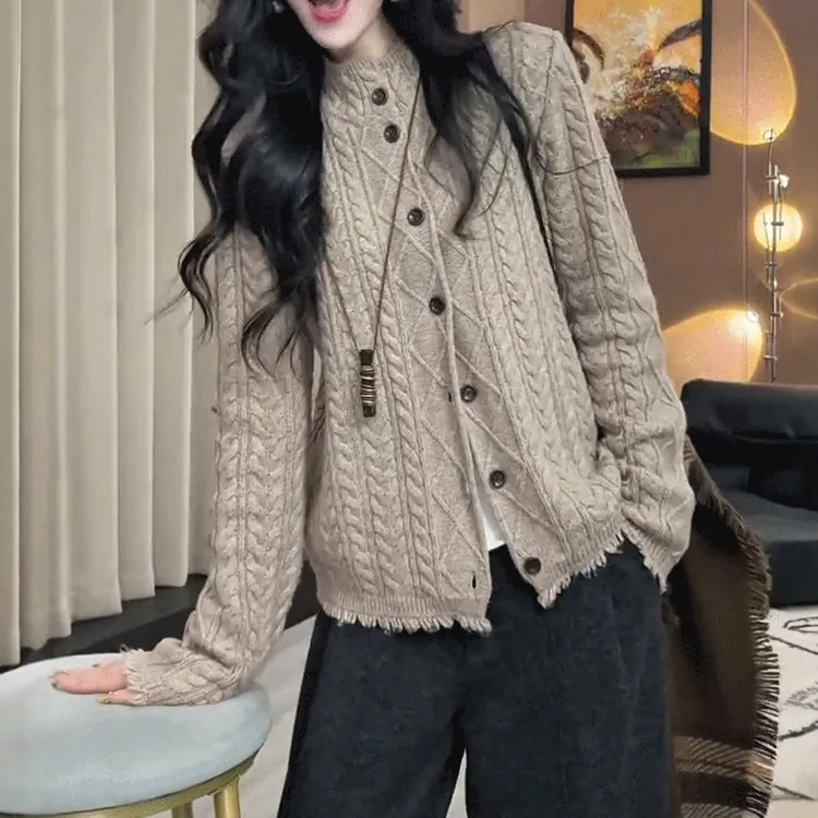 慵懒风半高领麻花针织衫女秋冬新款胖MM大码女装软糯显瘦毛衣外套
