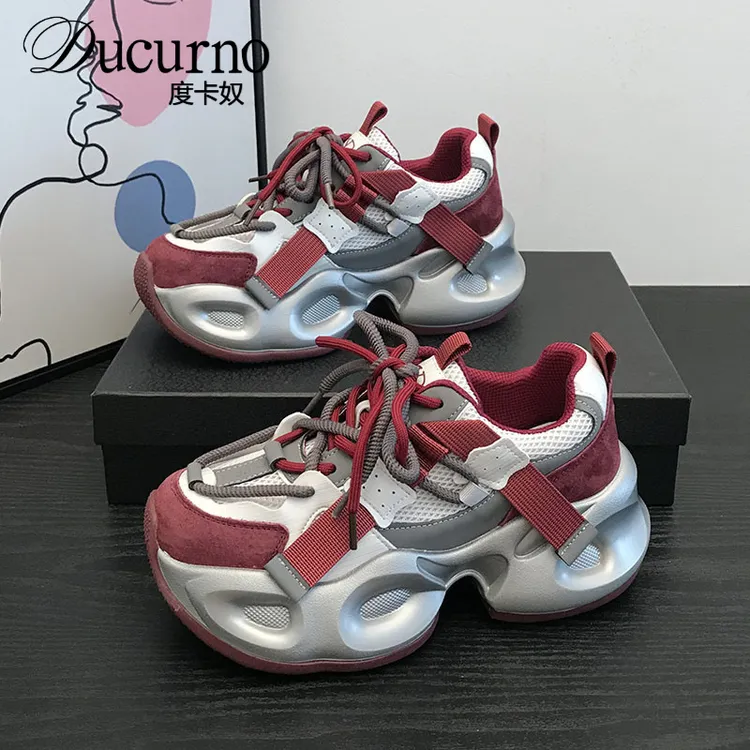 Ducurno2025秋季新款拼色运动风厚底老爹鞋女百搭休闲个性小众复