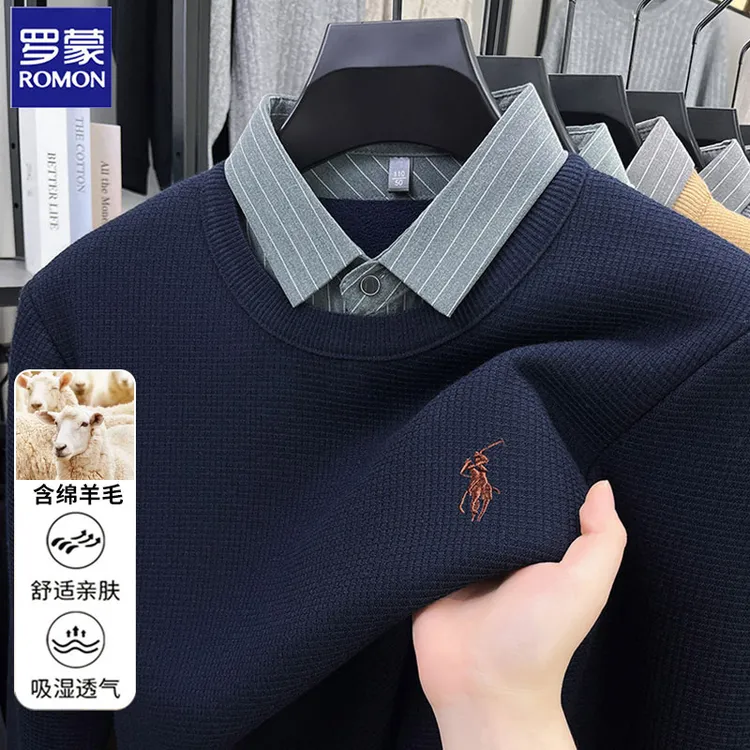 Romon/罗蒙男士新款冬季羊毛假两件长袖针织衫加厚保暖翻领毛衣