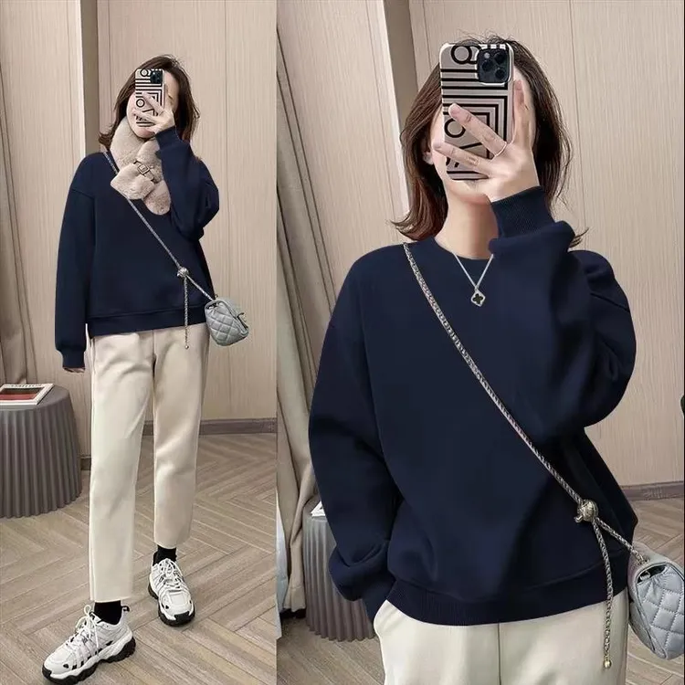 加绒圆领套头卫衣女2025年秋冬加厚新款宽松小个子春秋薄款打底衫
