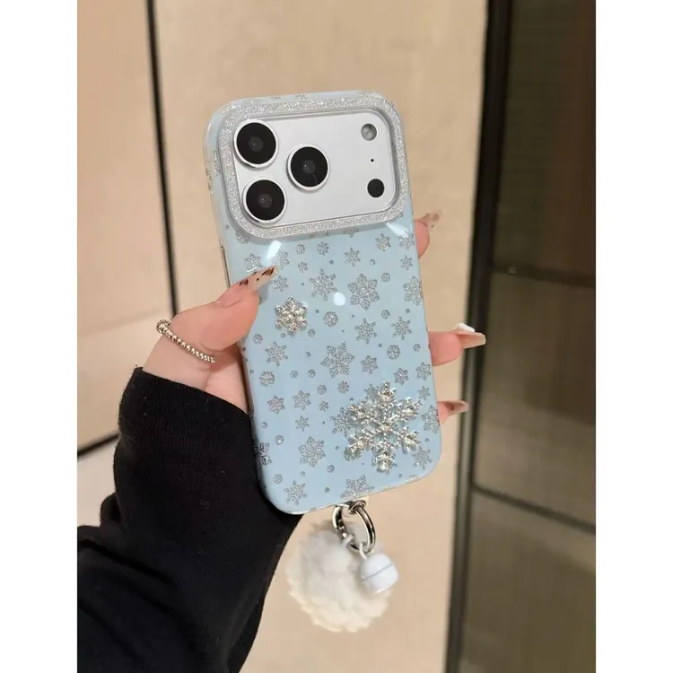 冬日ins风蓝底闪粉立体雪花适用iPhone17promax16手机壳15爆款14