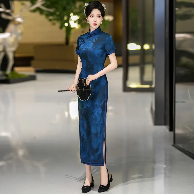 新中式旗袍日常可穿2025夏季高端老上海素雅国风礼服蓝色长款裙子