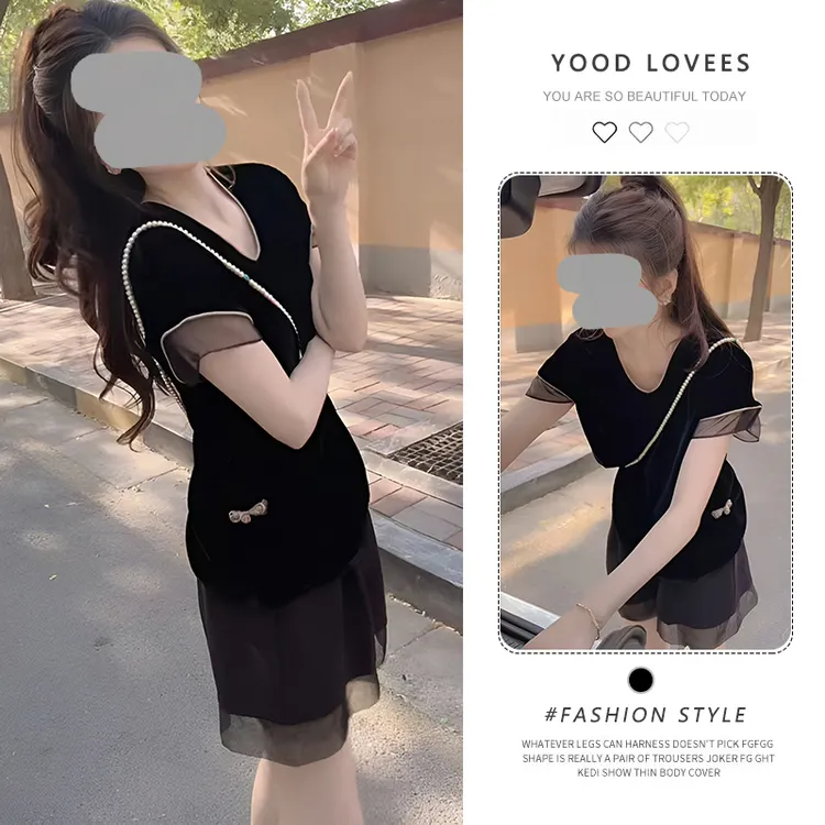 赫本风法式蕾丝拼接上衣女2025夏季洋气轻奢高级感百搭短裤两件套