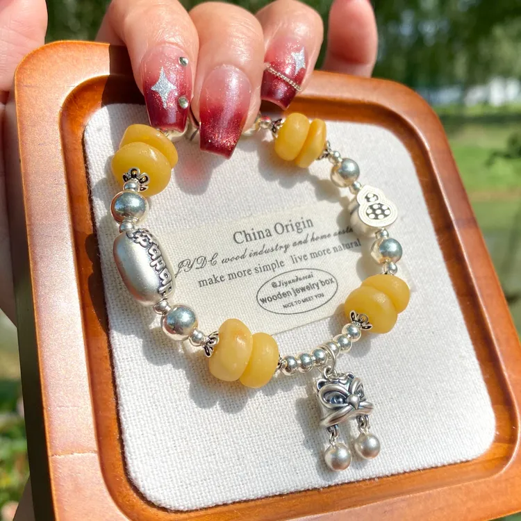 天然蜜蜡手链925纯银招财纳福手串泰银串珠手链高级感醒狮原创女