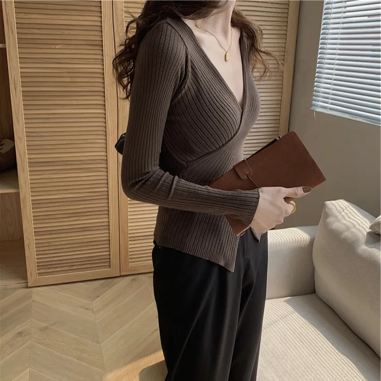 V领毛衣女新款打底衫女秋季外穿性感交叉修身针织衫紧身上衣上衣