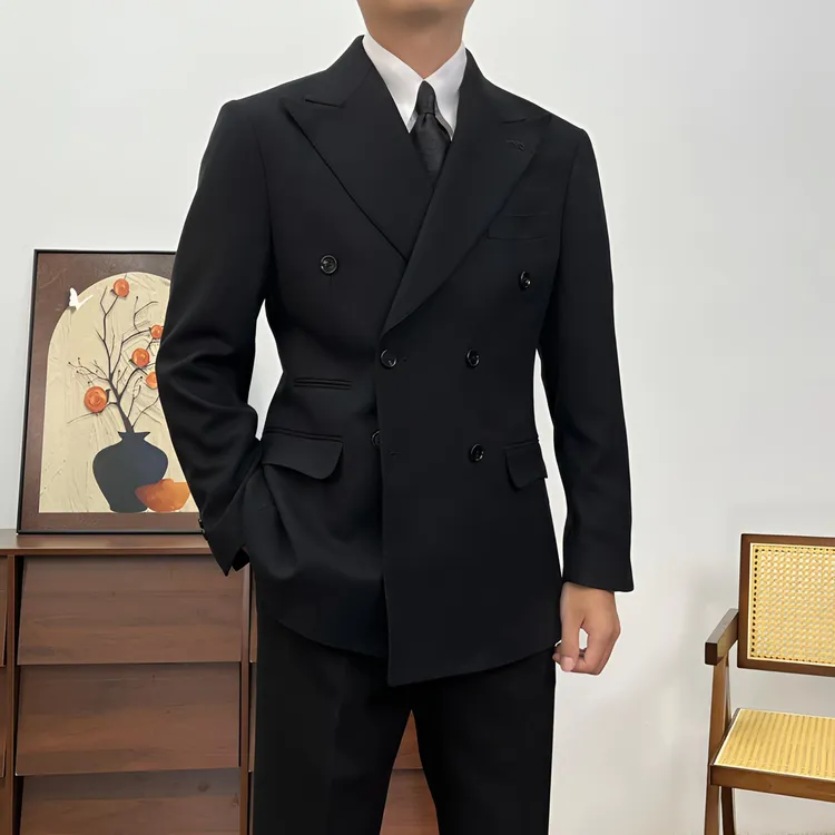 秋冬羊毛双排扣外套男装西装商务枪驳领西服套装休闲修身英伦男士