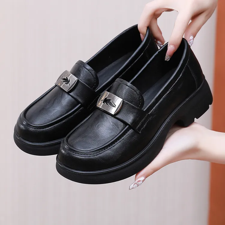 春秋女鞋软底软皮厚底休闲单鞋百搭粗跟乐福鞋舒适工作鞋时尚皮鞋