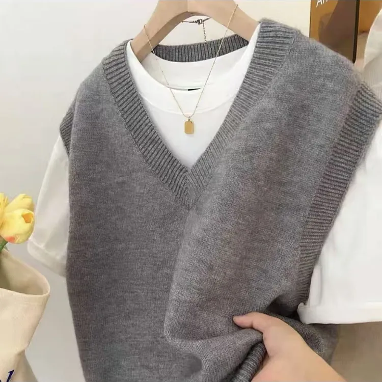 灰色鸡心领针织马甲女春秋宽松气质外搭上衣外套