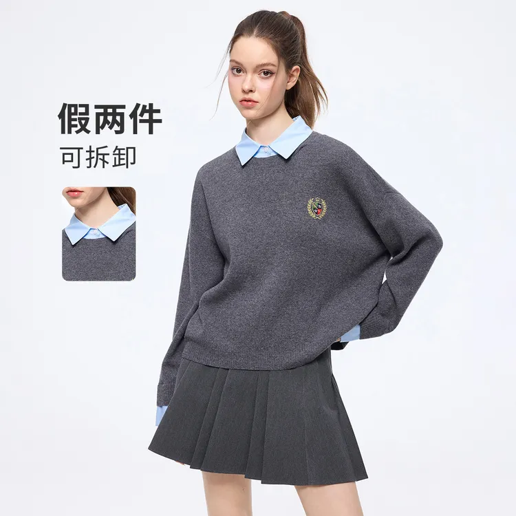 [假两件]navigare意大利小帆船春秋绵羊毛针织衫女学院风减龄毛衣