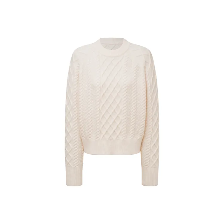 SMALLIU MODE经典圆领针织老钱风米白麻花毛衣