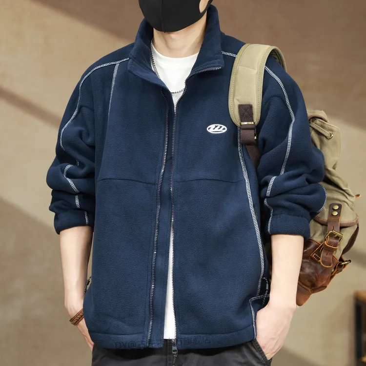 高端美式重磅摇粒绒外套男秋冬新款宽松明线设计感立领夹克上衣服