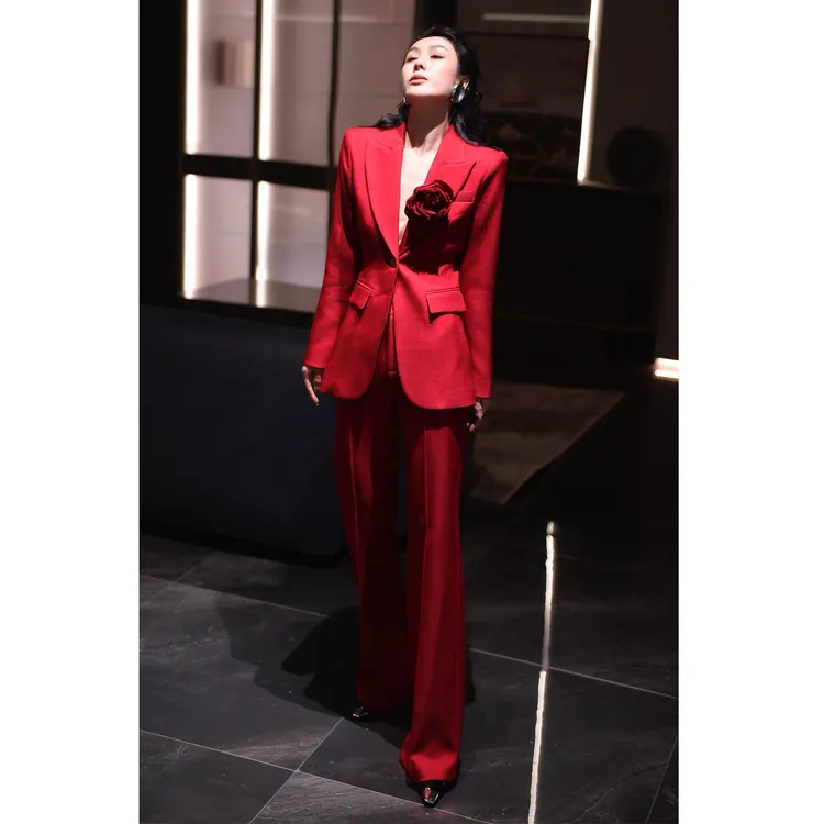 2025秋冬红色西服套装修身一粒扣职业聚会年会正式场合气质套裤女