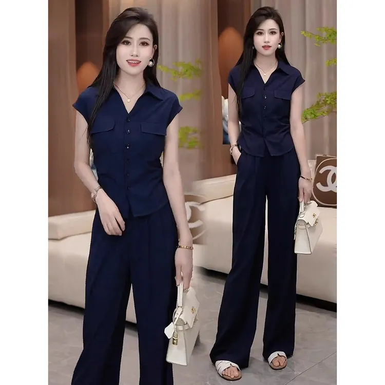 时尚套装女2025夏季新款洋气显瘦短袖衬衫阔腿裤气质减龄两件套潮