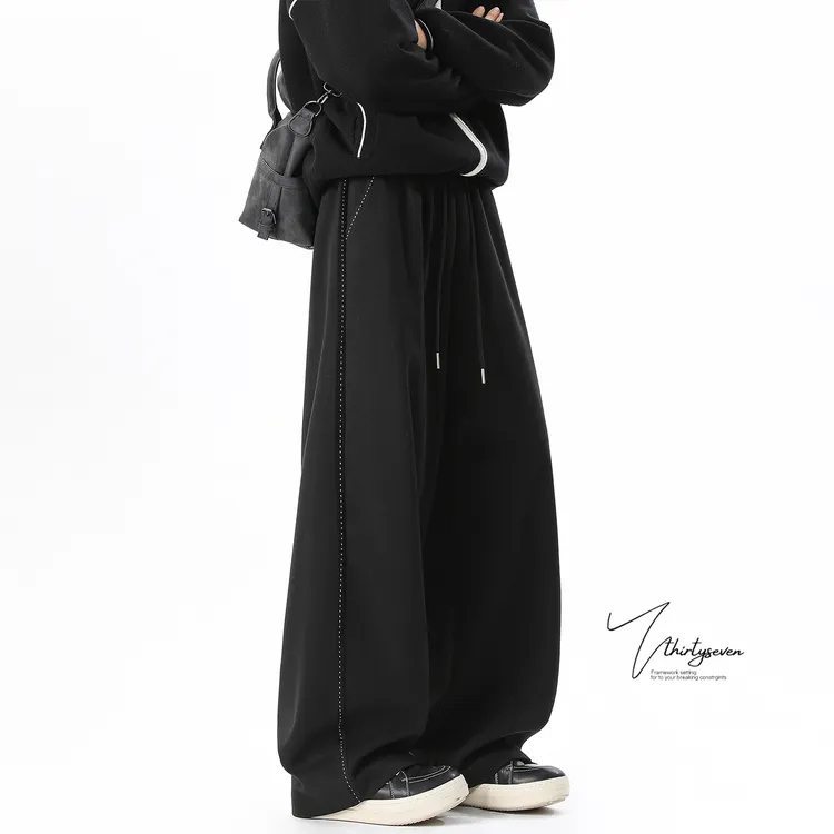 V37美式复古黑色抽绳卫裤男秋冬设计感小众休闲百搭直筒情侣长裤