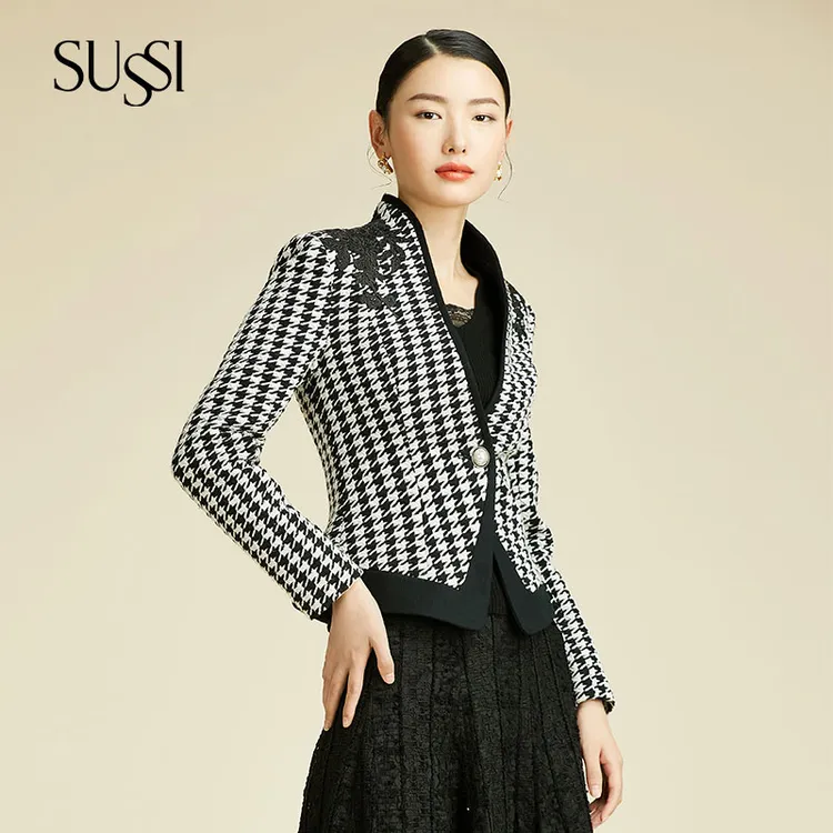 SUSSI/古色“千鸟绣影”黑白千鸟格贴花立领撞色短款外套女
