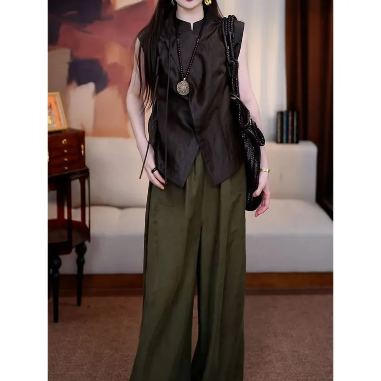 优雅百搭纯色减龄裤套装女2025夏季新款时尚显瘦宽松衬衫+阔腿裤