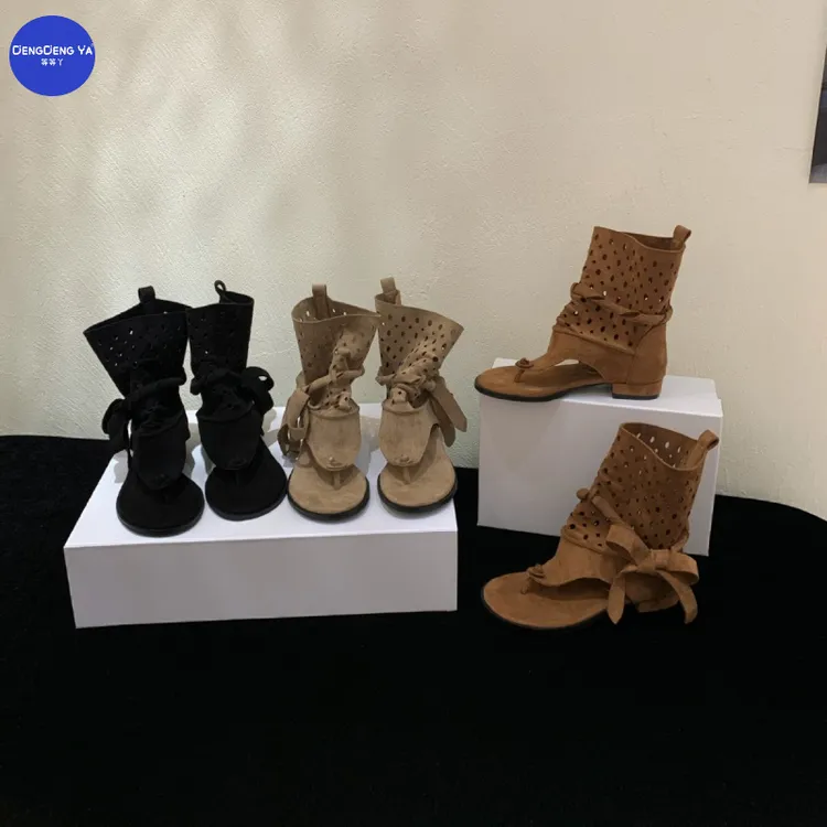 时尚百搭秋冬女靴时装靴短靴等等丫小众时髦绑带夹趾凉靴女镂空一