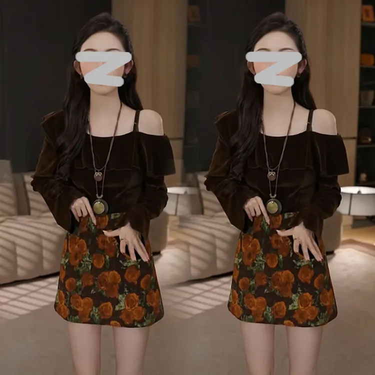 【有运费险】洋气减龄小心机露肩丝绒上衣女2025秋季新款短裙套装
