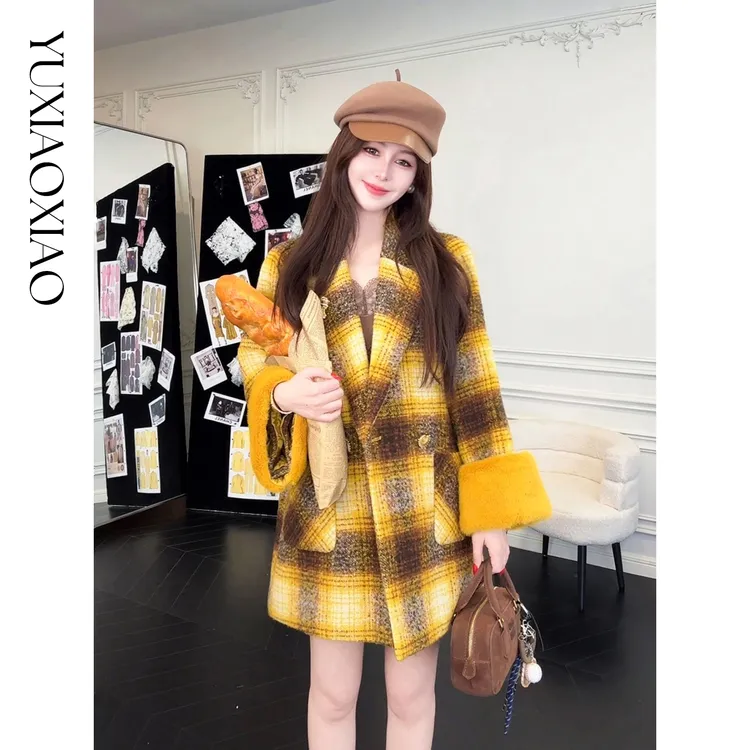 余潇潇【玛雅传说】时尚气质羊毛混纺格纹翻领中长款大衣