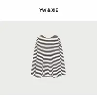YW&XIE<Q908>经典条纹宽松休闲百搭廓形圆领撞色长袖卫衣T恤