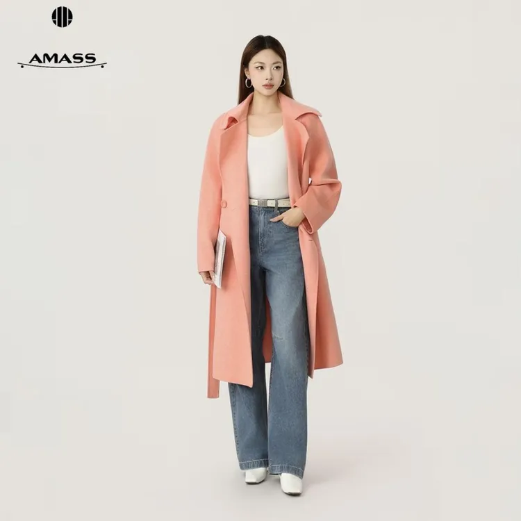 AMASS阿玛施540029老钱风双面呢撞色翻领中长绵羊毛大衣（附腰带）