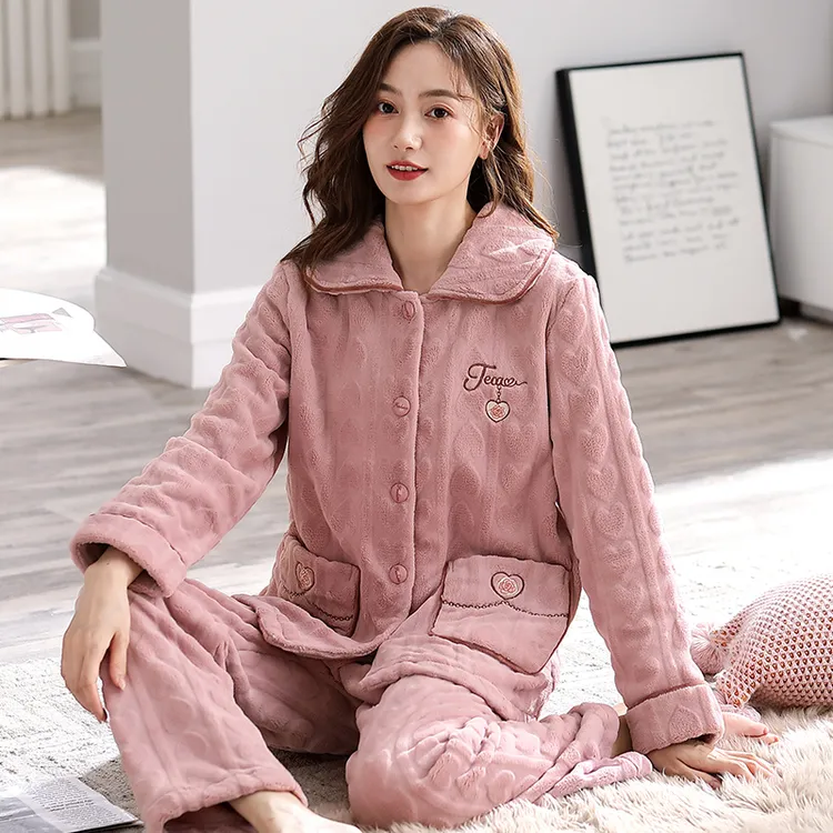 浪莎睡衣女款冬季珊瑚绒加厚加绒长袖大码法兰绒保暖家居服两件套