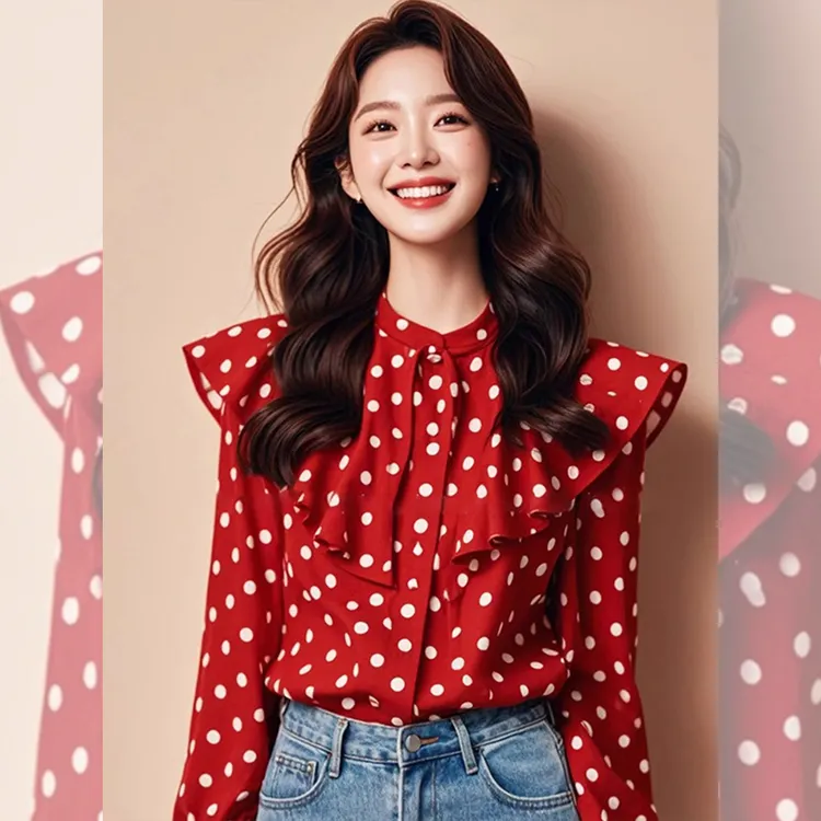 法式气质高级感独特漂亮洋气超好看安可拉红波点荷叶边衬衫女上衣