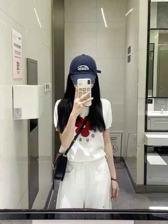 【小红花】韩系简约白色印花T恤上衣夏季女高腰白色休闲工装裤套装