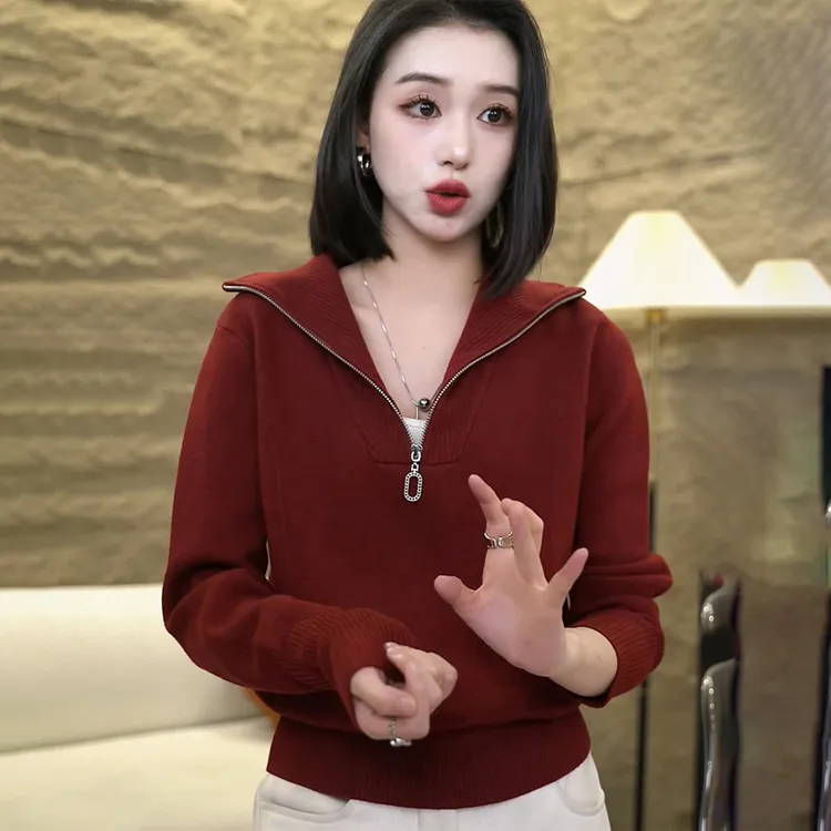 春秋翻领半拉链针织衫上衣女秋冬季新款时尚百搭显瘦套头内搭毛衣